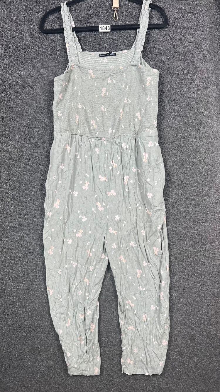 Black Tape Plus Size Ruched Ruffle Strap Floral JumpsuitWomens 1X Green Pockets